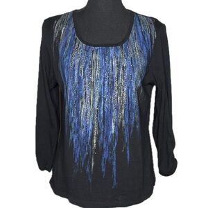 Chico’s Zenergy Black 3/4 Sleeve Top With Blue and Silver Sz 1 M
